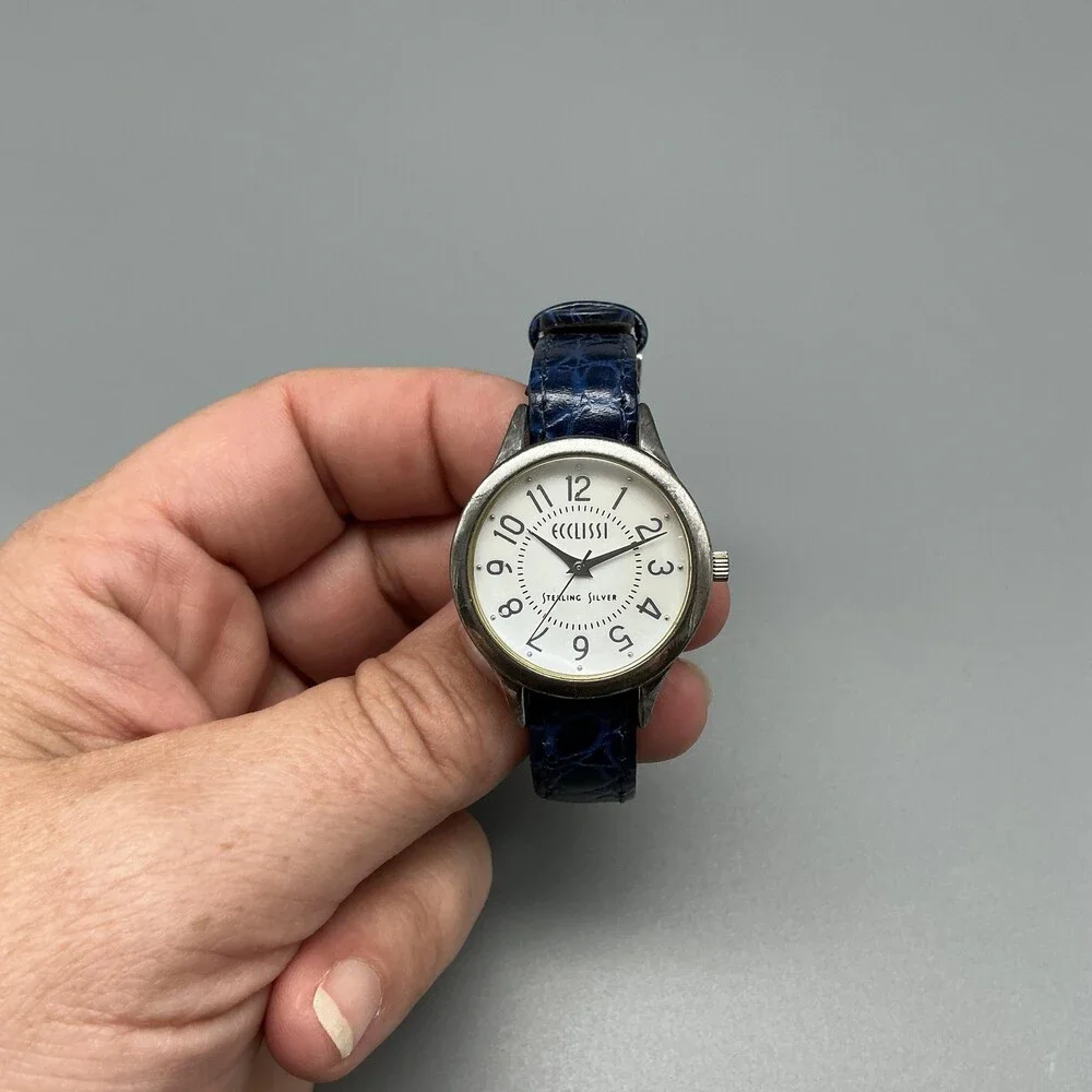 Ecclissi 23182 Womens Watch 29mm Sterling Silver Blue Leather New Battery
